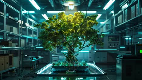 futuristic bio-lab with glowing tree