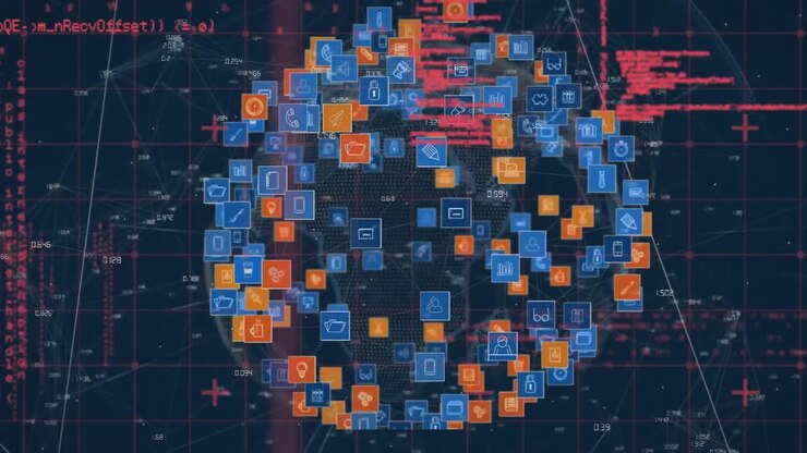 Microprocessor connections over globe of digital icons and data processing on blue background