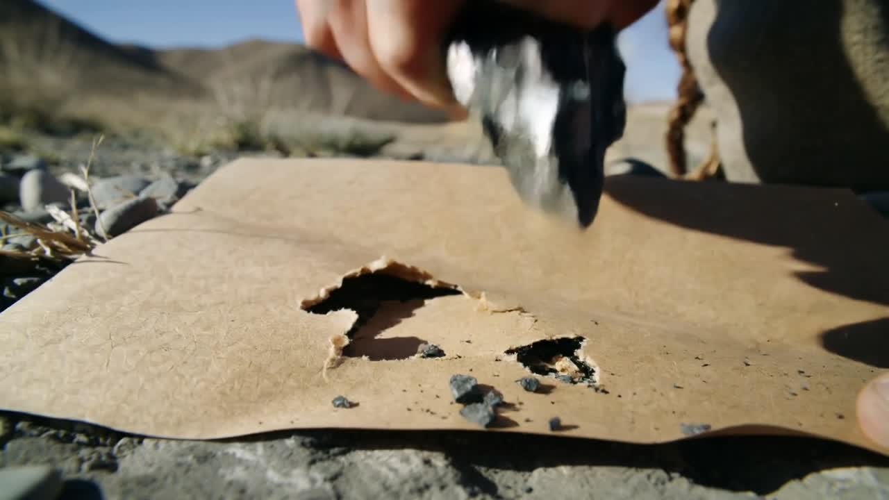 Pressing then dragging hand holding flint across board on dry hills, testing edge, making chips