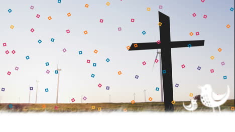 animation of colorful squares with silhouette of cross and wind turbines behind