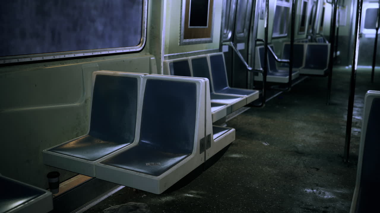 Abandoned subway train interior revealing faded seats and silent atmosphere