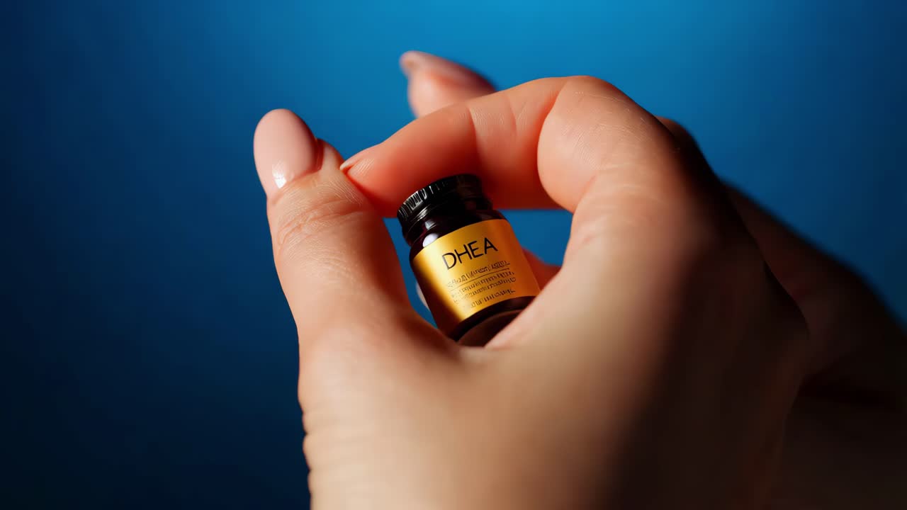 mujer sosteniendo una pequeña botella de suplemento de dhea