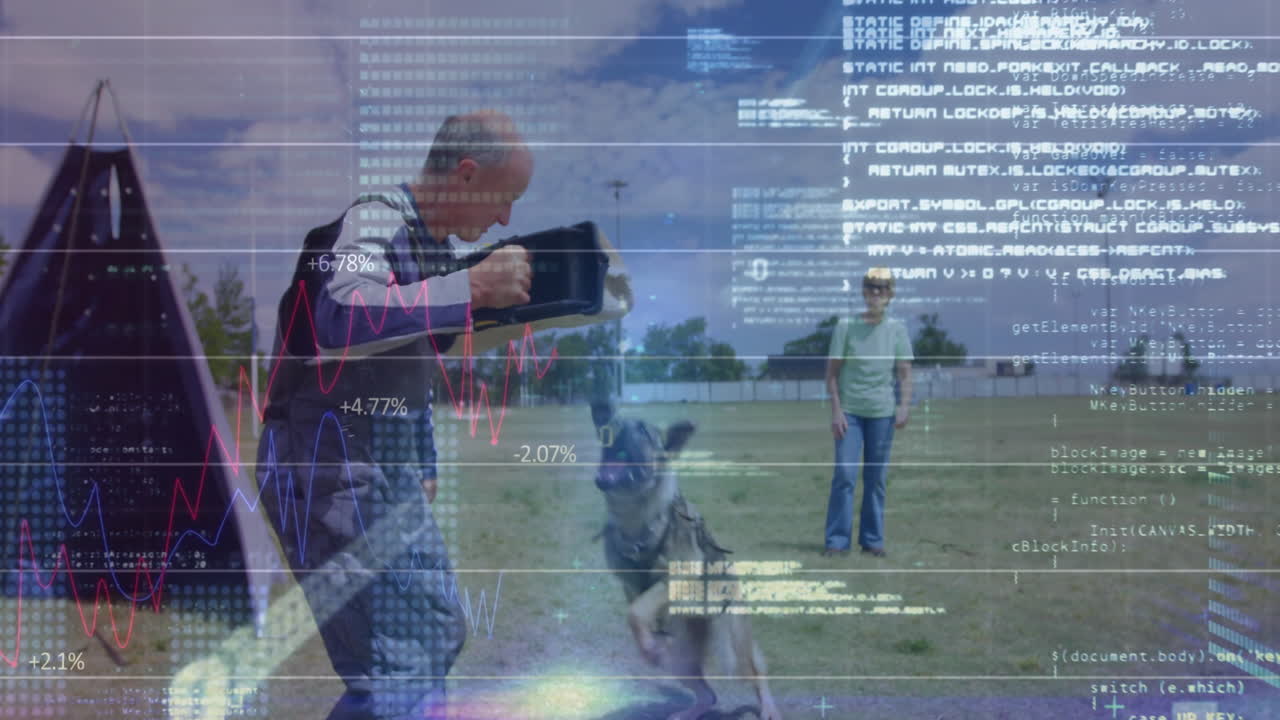 Financial data and coding animation over people training dog in park