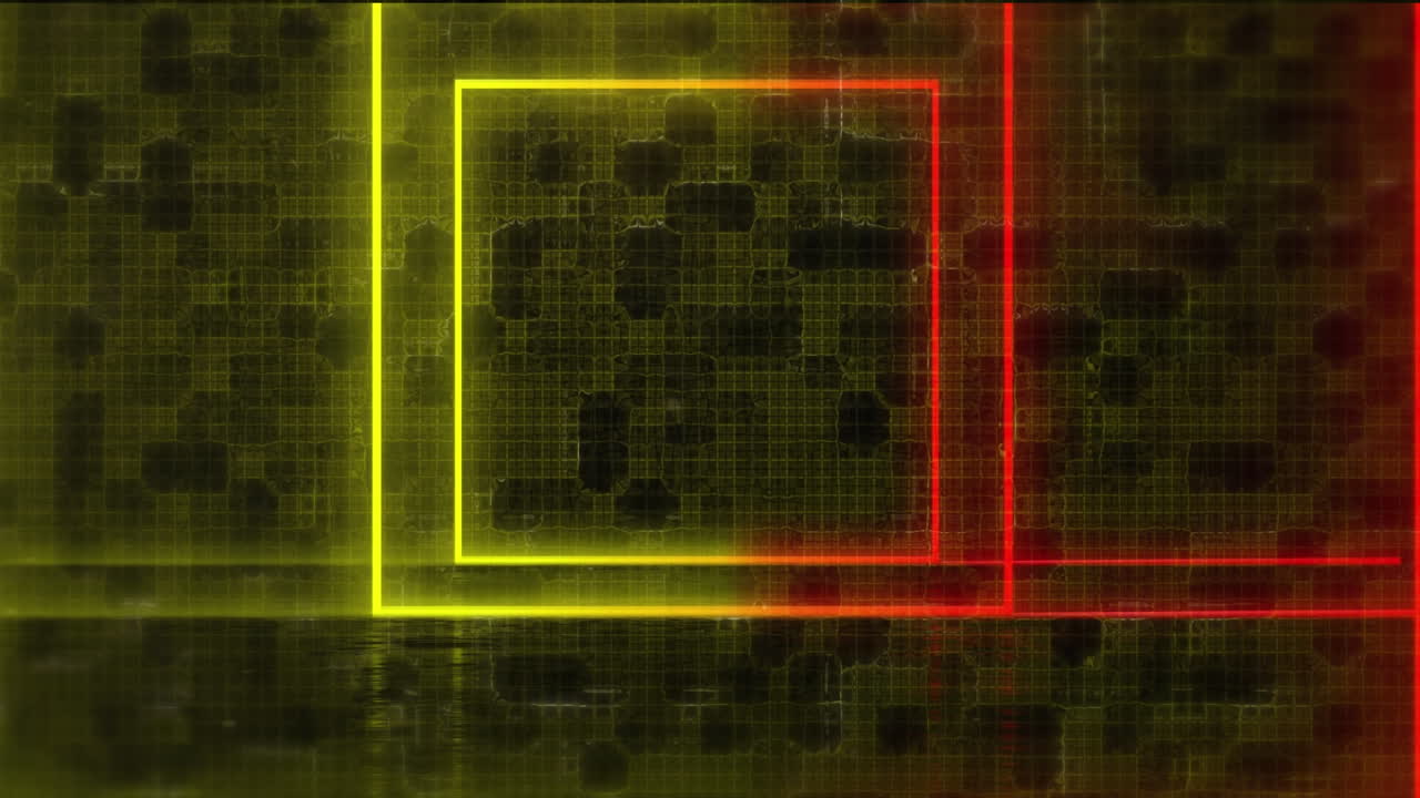 Animation of red and yellow neon squares moving over yellow digital grid, on black