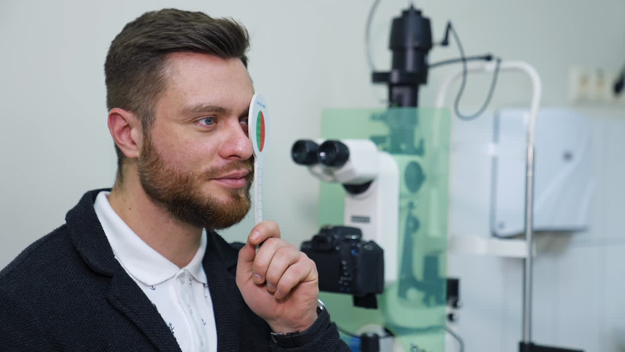 Handsome male checks vision in ophthalmological clinic. Optometrist trial frame. Healthcare concept.