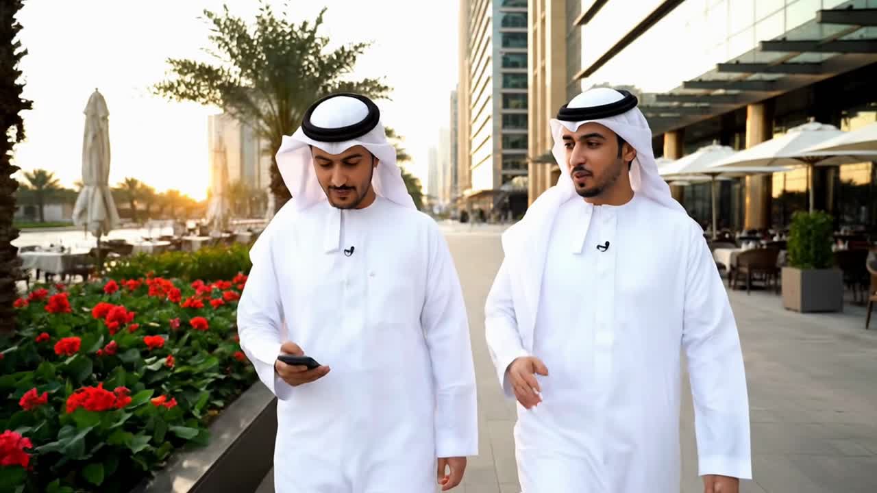 Two Arab Men in Traditional Attire Walking in a Modern City