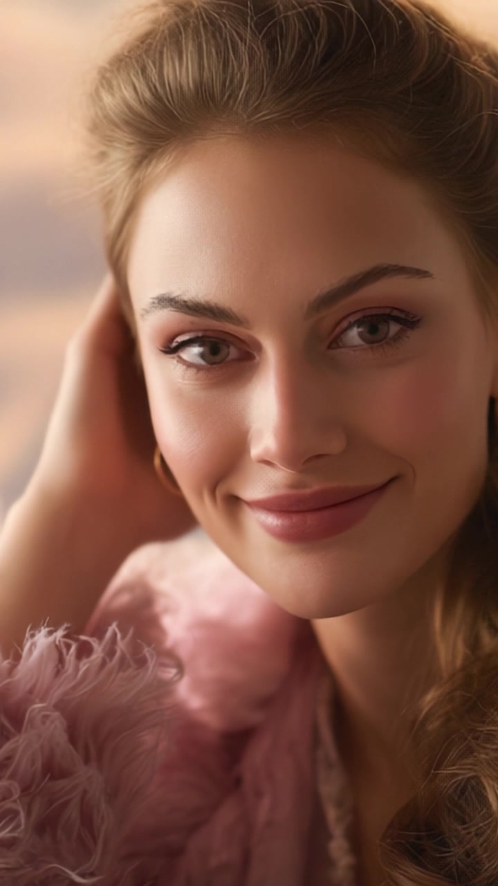 Retrato cativante de uma jovem mulher com expressão graciosa e beleza natural, destacado por iluminação suave e elegância em um momento precioso.