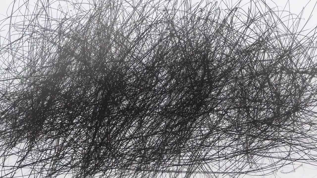 Scattered strokes sparking black pen scribbling lines across white paper on desk, forming dark band