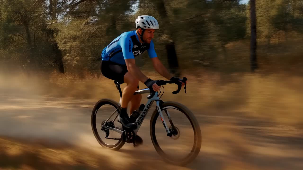 Ciclista che pedala su una bici gravel con maglia blu e casco bianco, affrontando una curva illuminata dal sole e sollevando polvere