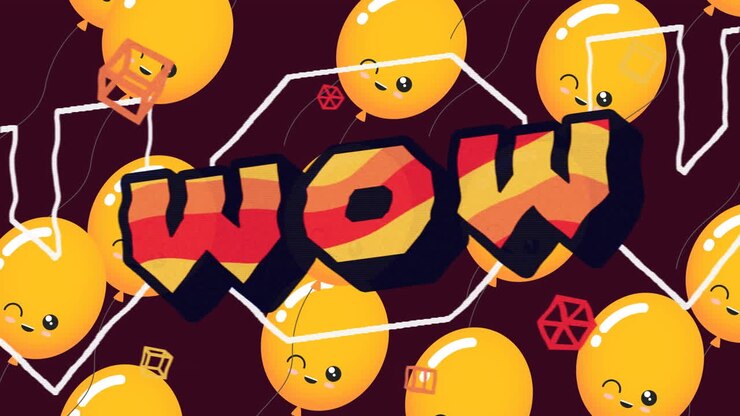 Animation of wow text over orange balloons flying on dark background