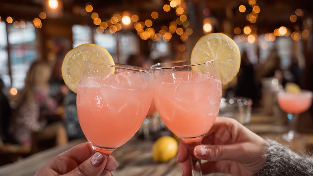 Two Clinking Glasses of Refreshing Pink Lemonade with Citrus Slices Amid a Cozy and Festive Ambiance, Perfect for Celebrations with Friends