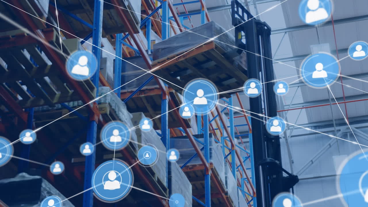 animación de la red de conexiones con iconos sobre el almacén