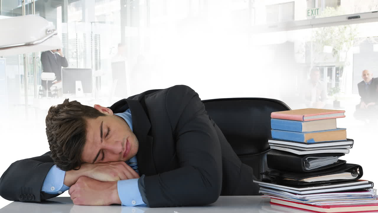 Animation of caucasian businessman sleeping on desk over people walking and cityscape