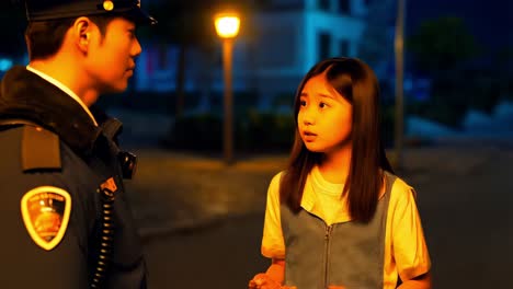 police officer talking to a child at night