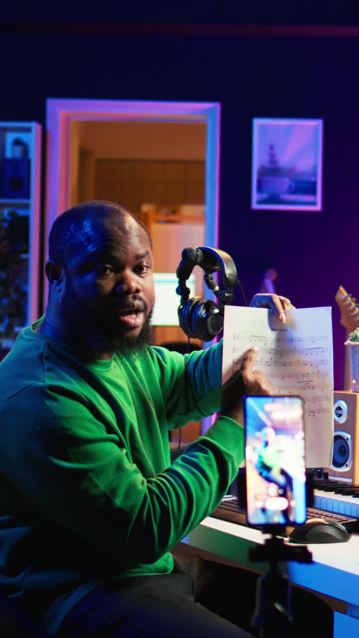 African American Musician Explaining Sheet Music on Live Stream