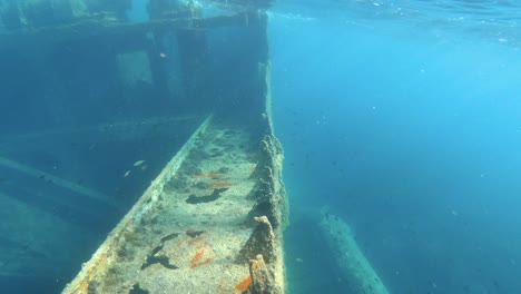 diver point of view of underwater sunken boat shipwreck