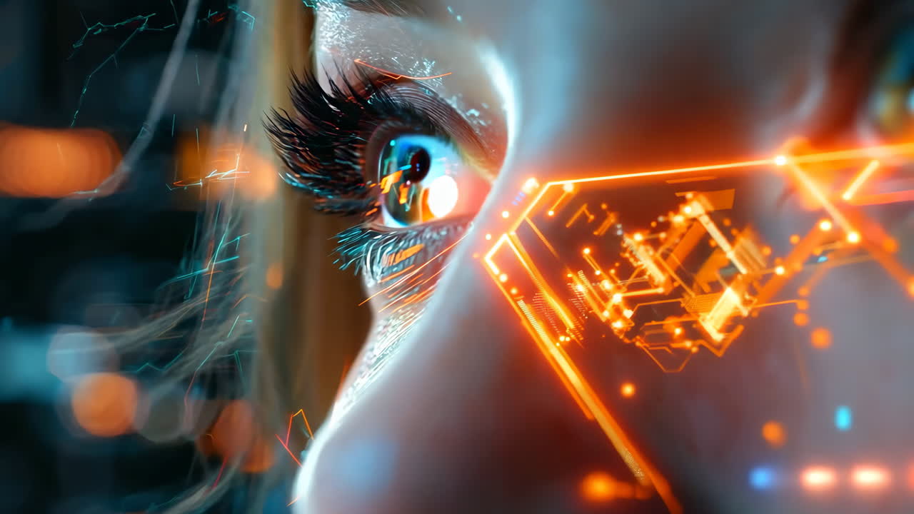 A woman's face is shown in a computer generated image with a glowing orange eye