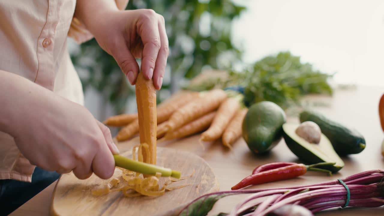 Close up of woman's hands peeling carrots.