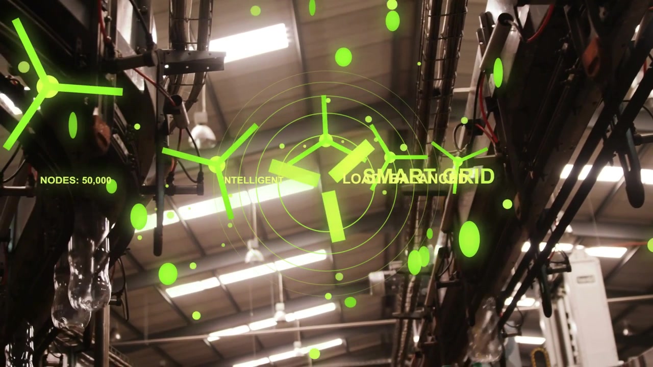 Neon-green overlay emerging over cable rack turbines forming radar rings mapping smart grid nodes