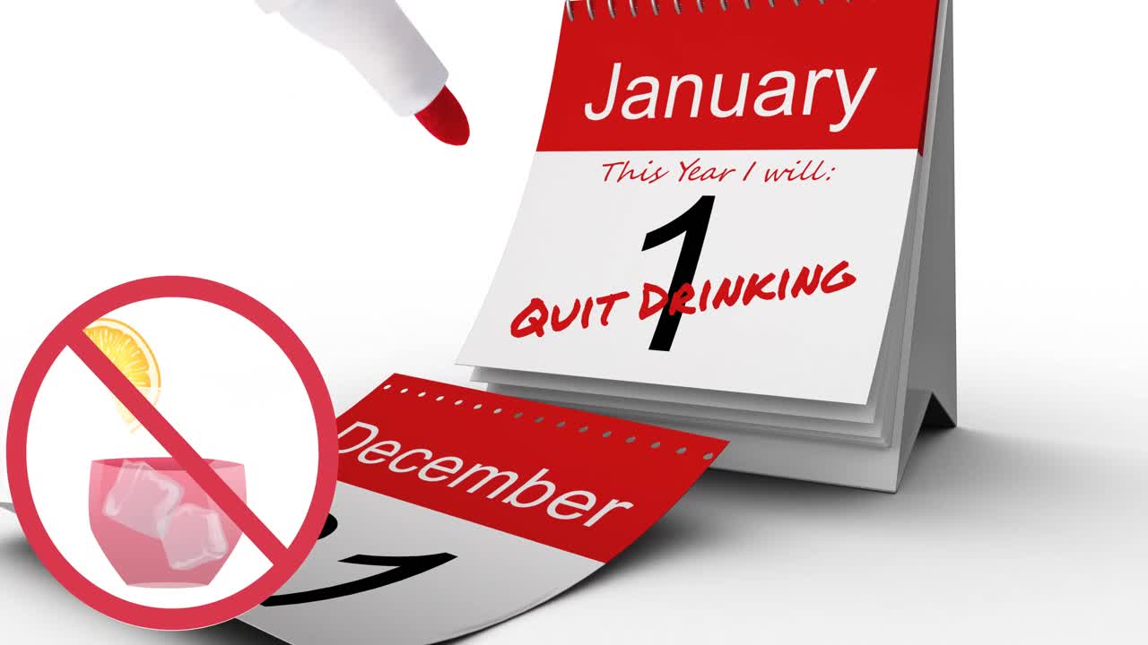 Animation of stop sign and drink, with pen and quit drinking text in red on january 1 of calendar