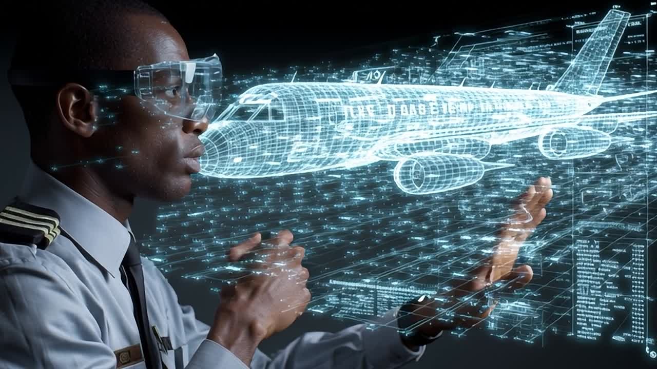 Pilot using augmented reality technology to interact with 3D airplane model