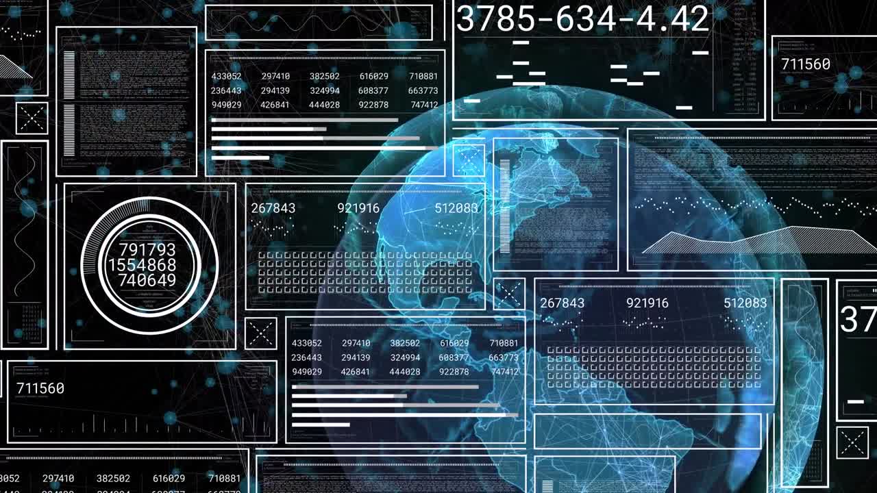 Animation of numbers and data processing over globe