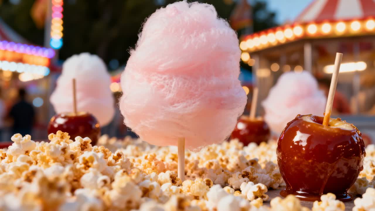 Telecamera in movimento che centra lo zucchero filato rosa su bastoncino a una fiera, mettendo in risalto popcorn e mele caramellate.