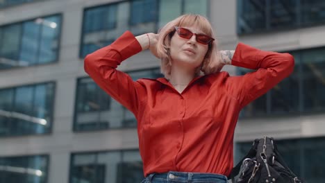 stylish woman in a red shirt