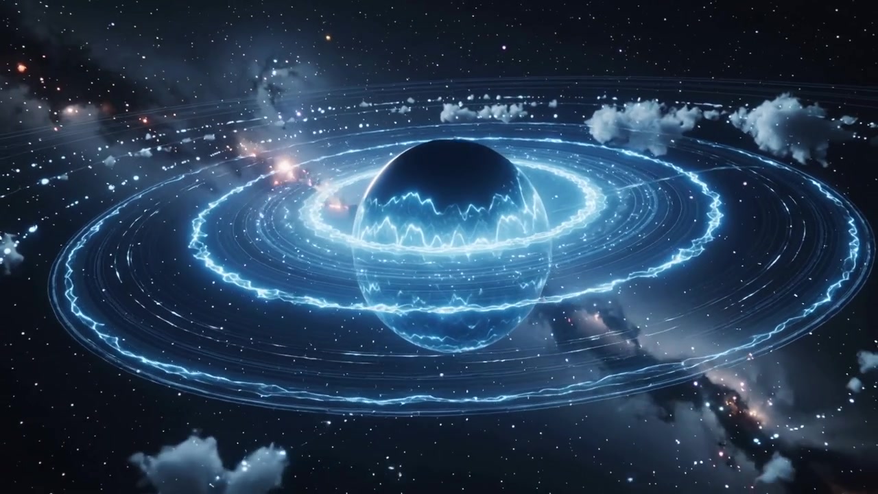 Pulsing dark orb with glowing rings rising in cosmic scene, reacting to passing silhouette and halo