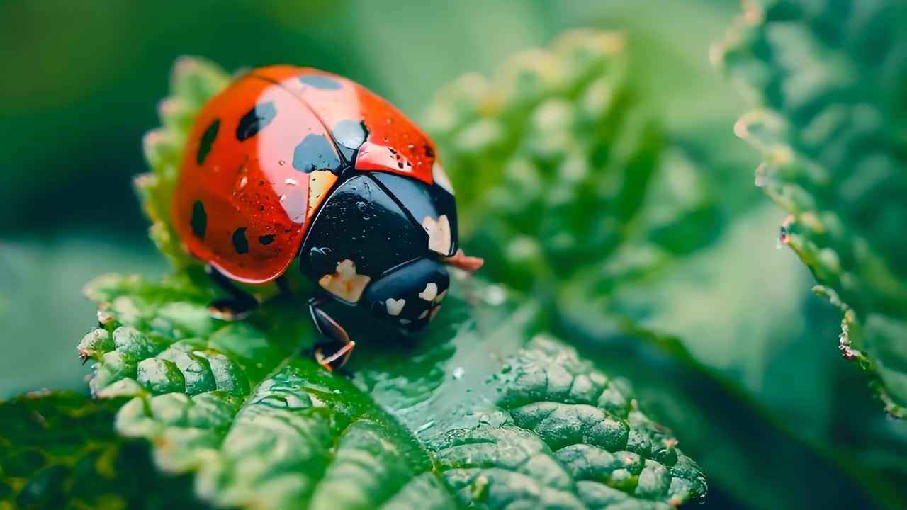 A ladybug sitting on top of a green leaf