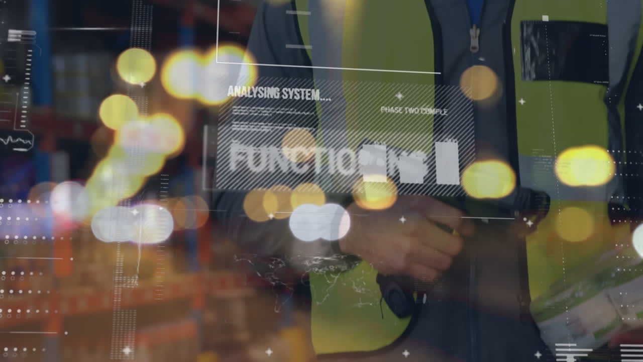 Animation of data processing over warehouse worker holding mobile code reader in shipping centre
