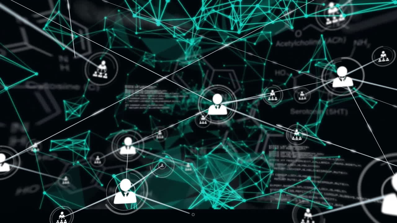 animación de la red de conexiones con iconos y procesamiento de datos sobre fondo negro