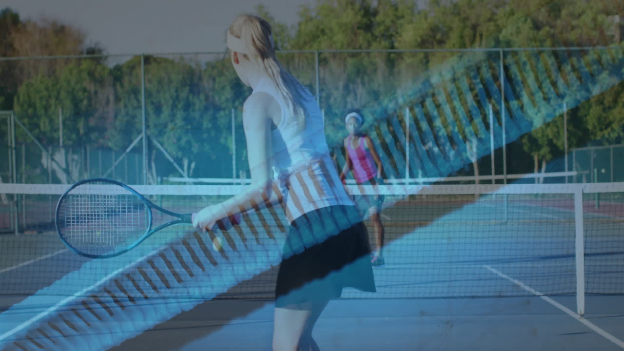 Female tennis players exchanging powerful volley on outdoor court, with animated sports data chart