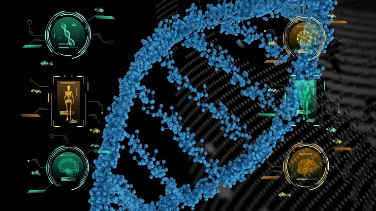 Animation of blue dna strand, human brain and body with scientific data processing