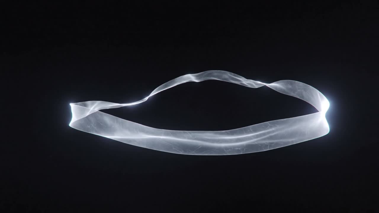 Shifting silvery ribbon band undulating in digital void, driven by simulated flow with glints