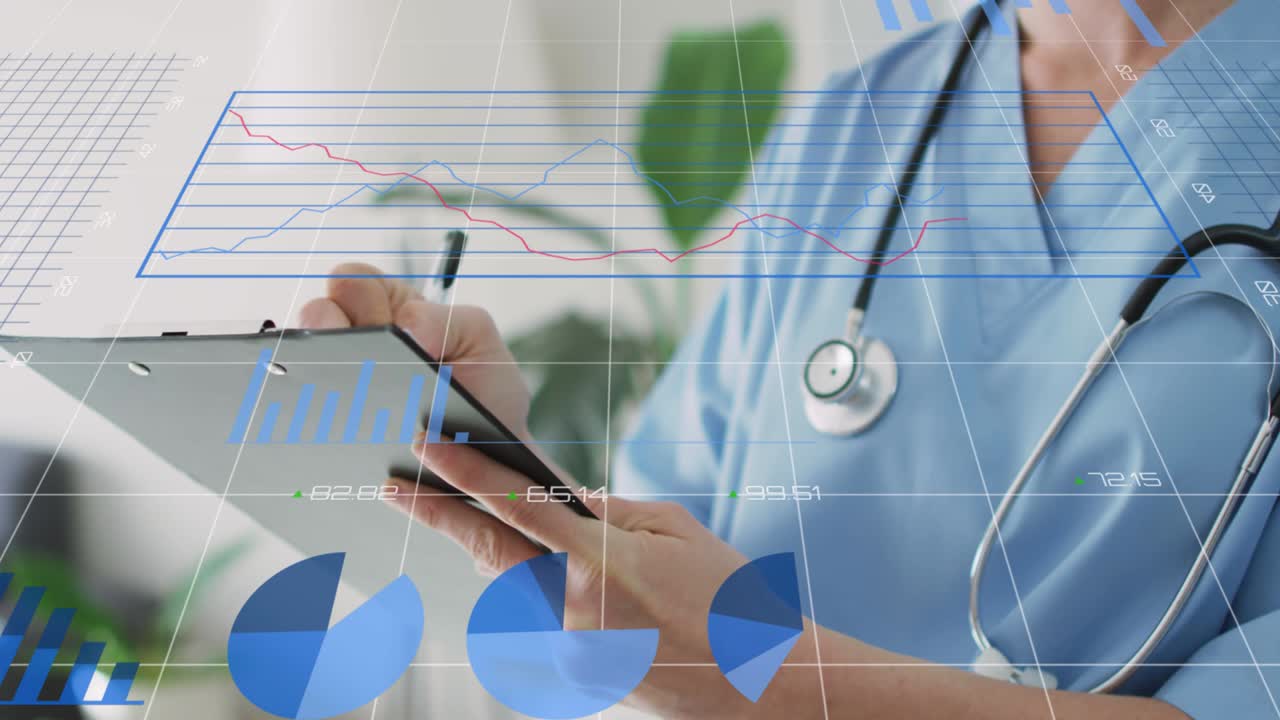 animación de diagramas sobre una doctora caucásica con un portapapeles