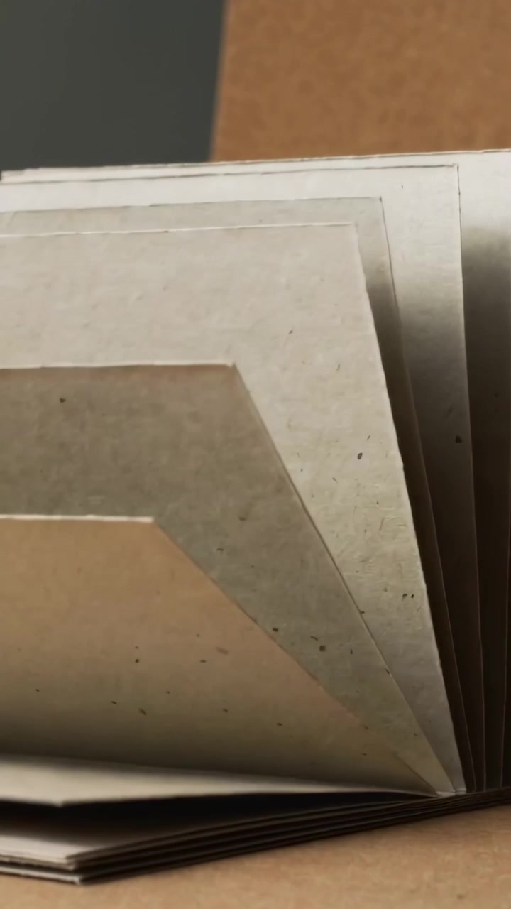 Vertical video: Shifting bound booklet lifting front sheet, revealing off-white tan pages on desk