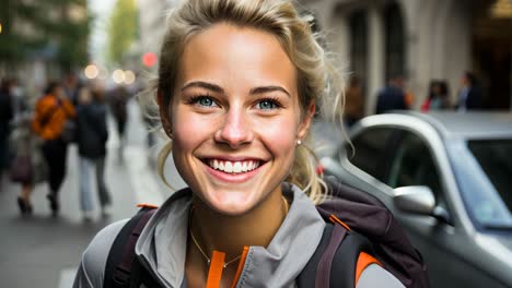 smiling young woman in urban setting during daytime stroll