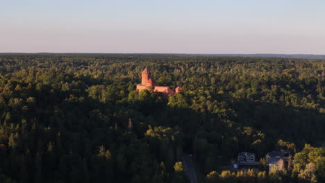 wide aerial shot of turaida castle (fortress) in sigulda, latvia.