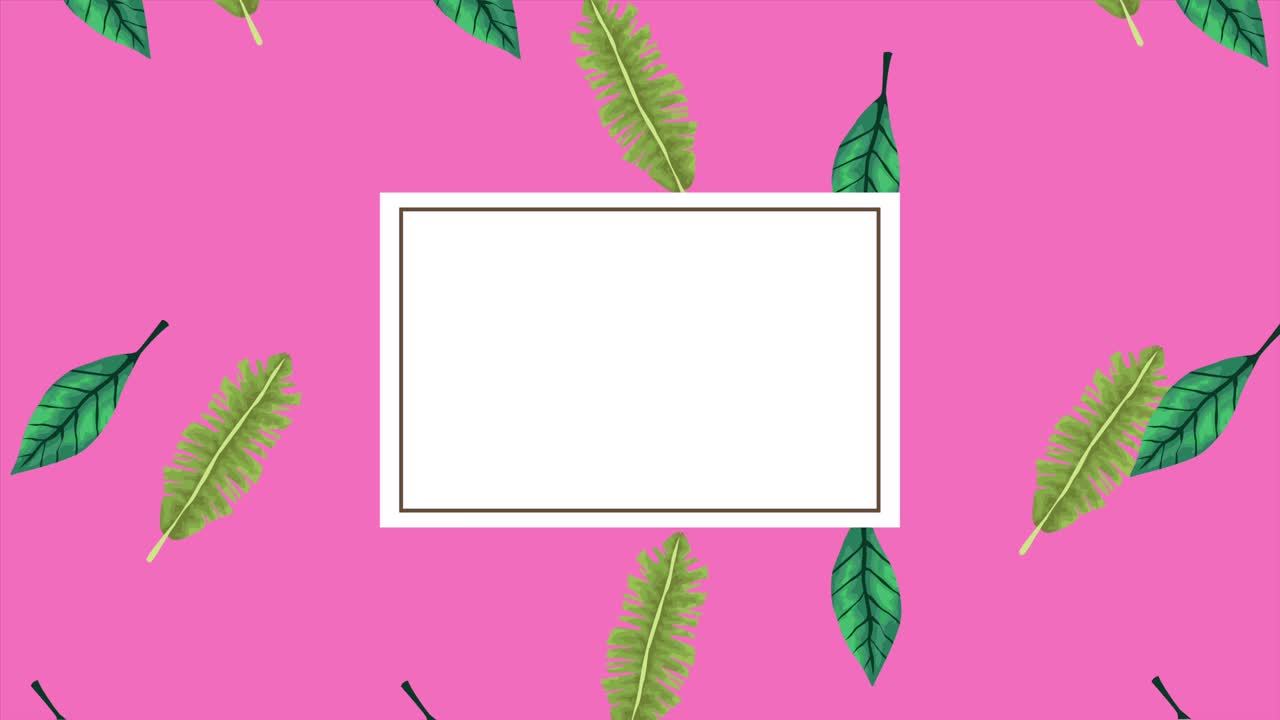 hojas exóticas tropicales patrón de animación de ecología y marco cuadrado en fondo rosa