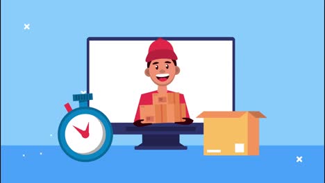 servicio logístico de entrega con trabajador y cronómetro en el escritorio