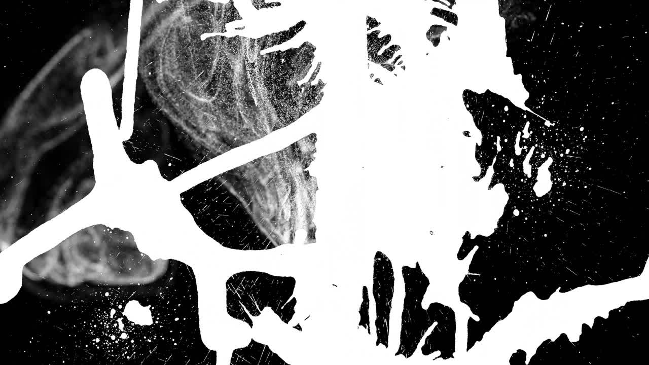 Dynamic splatter and textured elements creating abstract black and white pattern