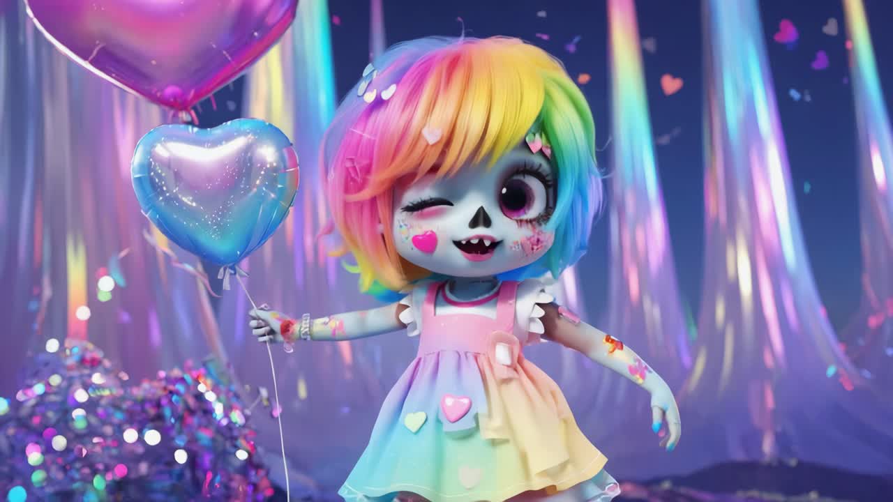 A cute, colorful zombie doll with rainbow hair and a rainbow dress holding heart balloons in a sparkly fantasy setting