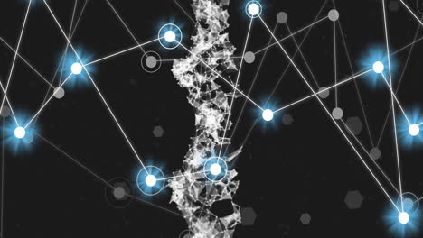 animación de la cadena de adn sobre una red de conexiones con manchas brillantes