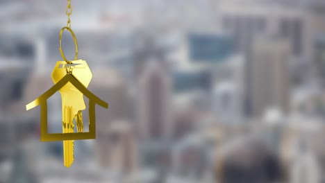 animation of golden key and house over cityscape