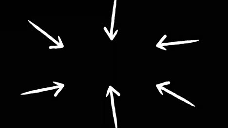 Animation-of-six-white-arrows-pointing-inwards-on-black-background
