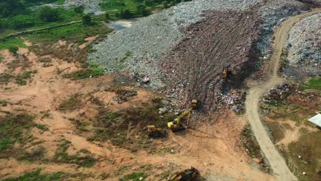 birds eye view flyover capturing abandoned sanitary landfill with large piles of unsorted solid wastes in the illegal dump site, concept of environmental sustainability, global warming, climate change