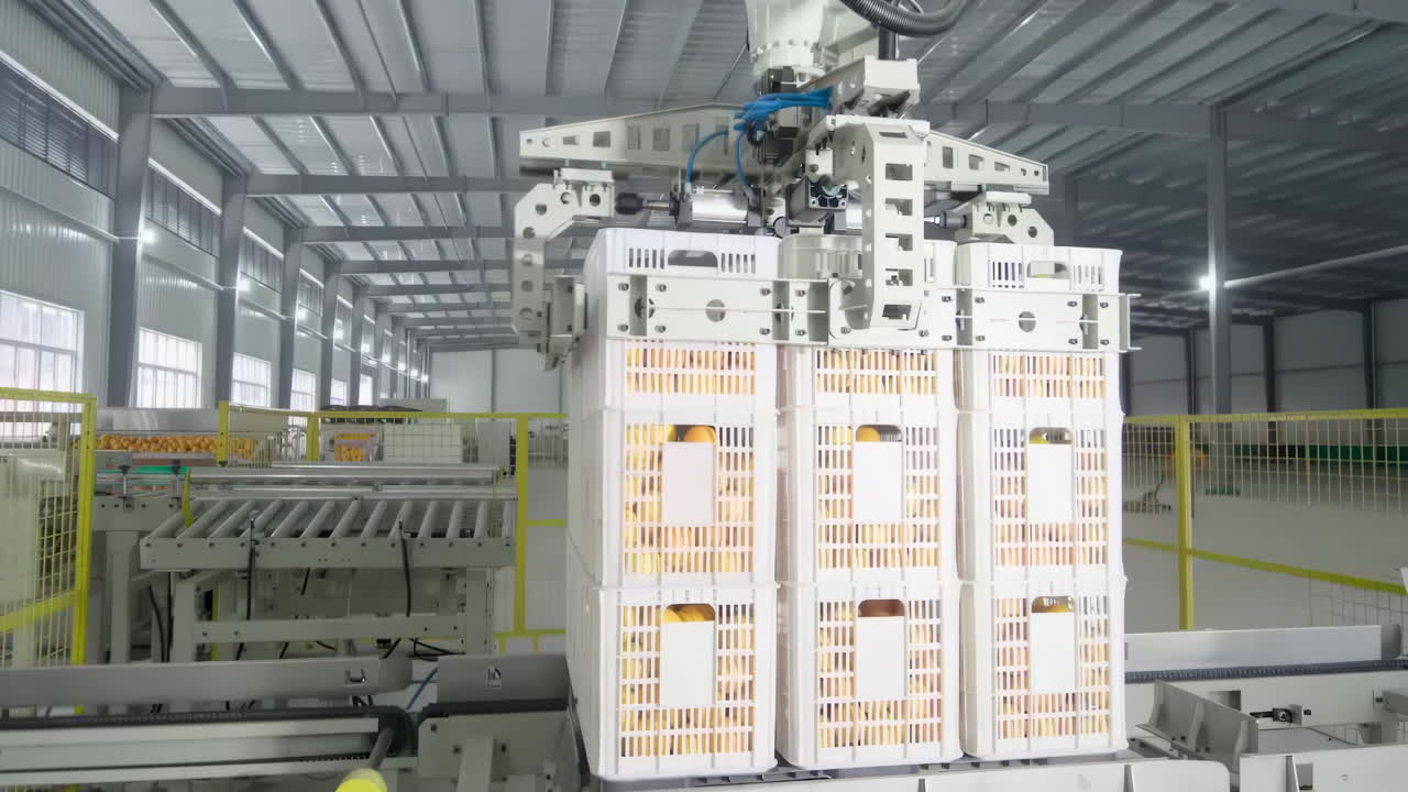 Automated modern fruit processing plant robotic arms machine transports crates distribution to market. Hi-Tech orange packing house in sorting flumes in a modern food production factory space