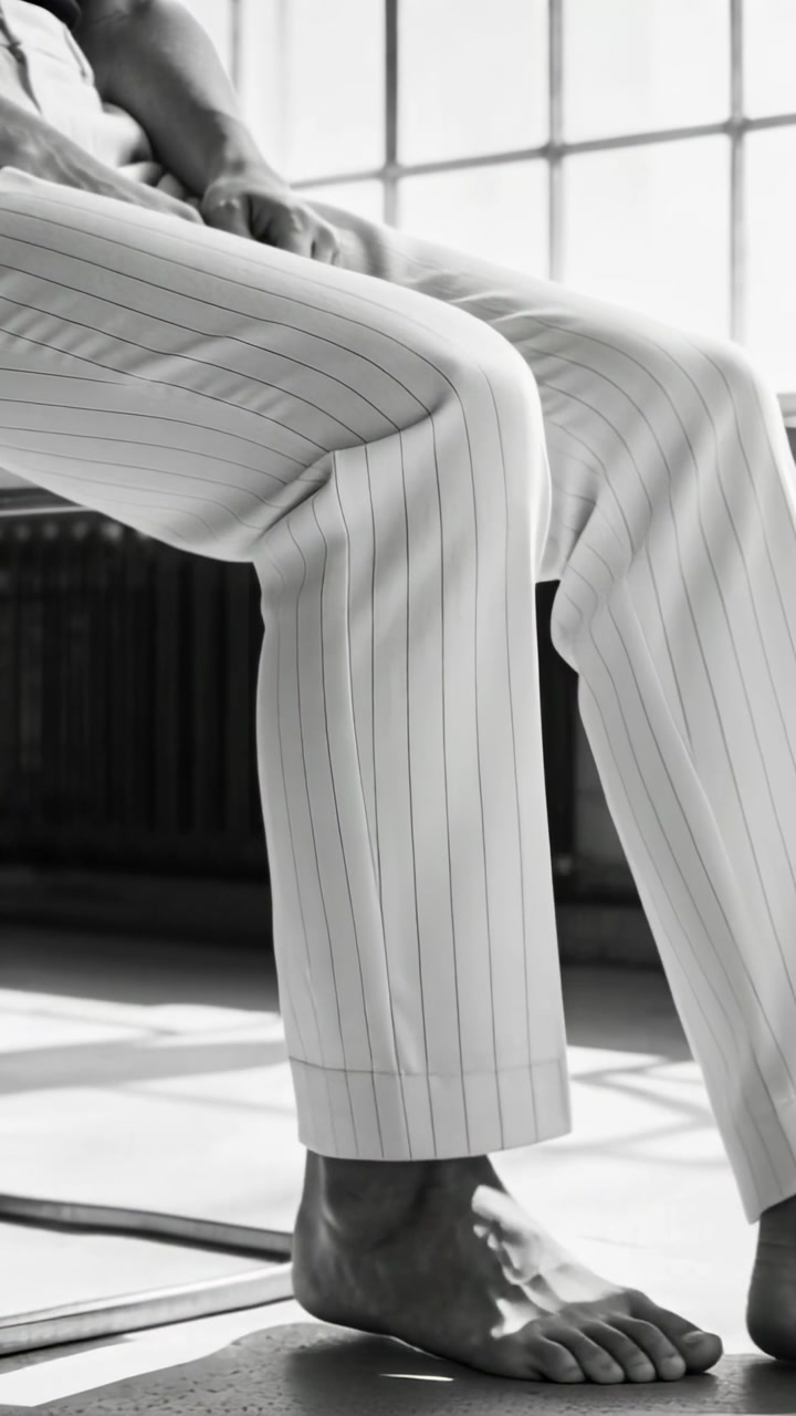 Vertical video: Following cue, adult pressing left foot on stool bar by window, pinstripe pants