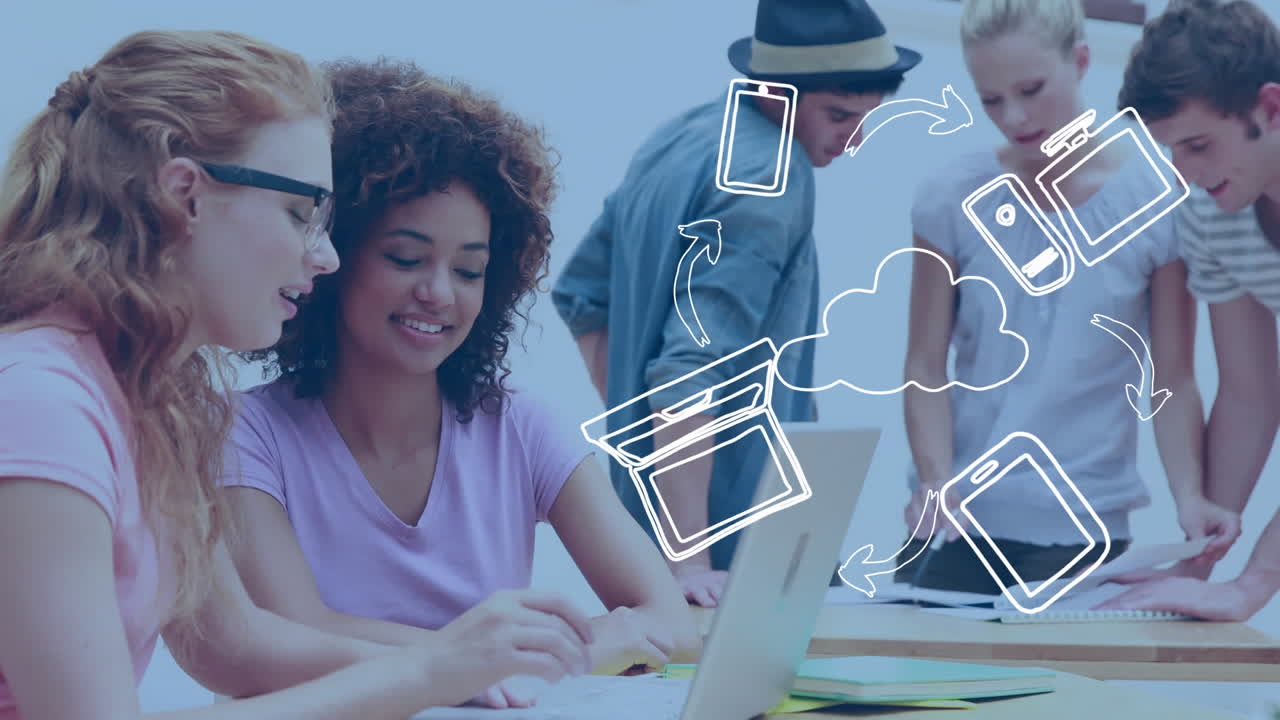 animación de iconos digitales y procesamiento de datos en diversos estudiantes.